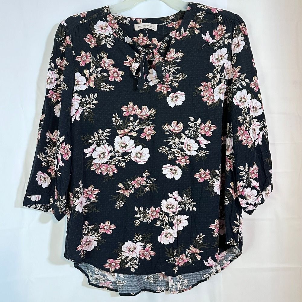 Philosophy Floral Peasant Boho Key hole Tie Neck Blouse Top Sz XL